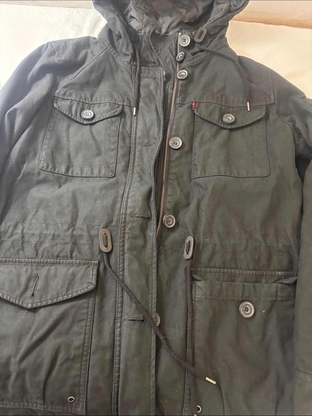 Levi's Black Hooded Military Field Jacket. Size L. All Buttons Attached.